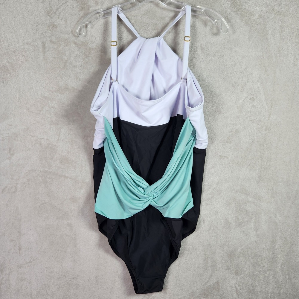 Beyond Control One Piece Swimsuit Womens 16 Black Tank Colorblock Twist Back New - Picture 2 of 5